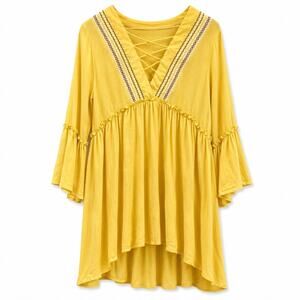 Hazel Embroidered Beach Cover Up Tunic Bell Sleeve Yellow Rayon Women's M NWT